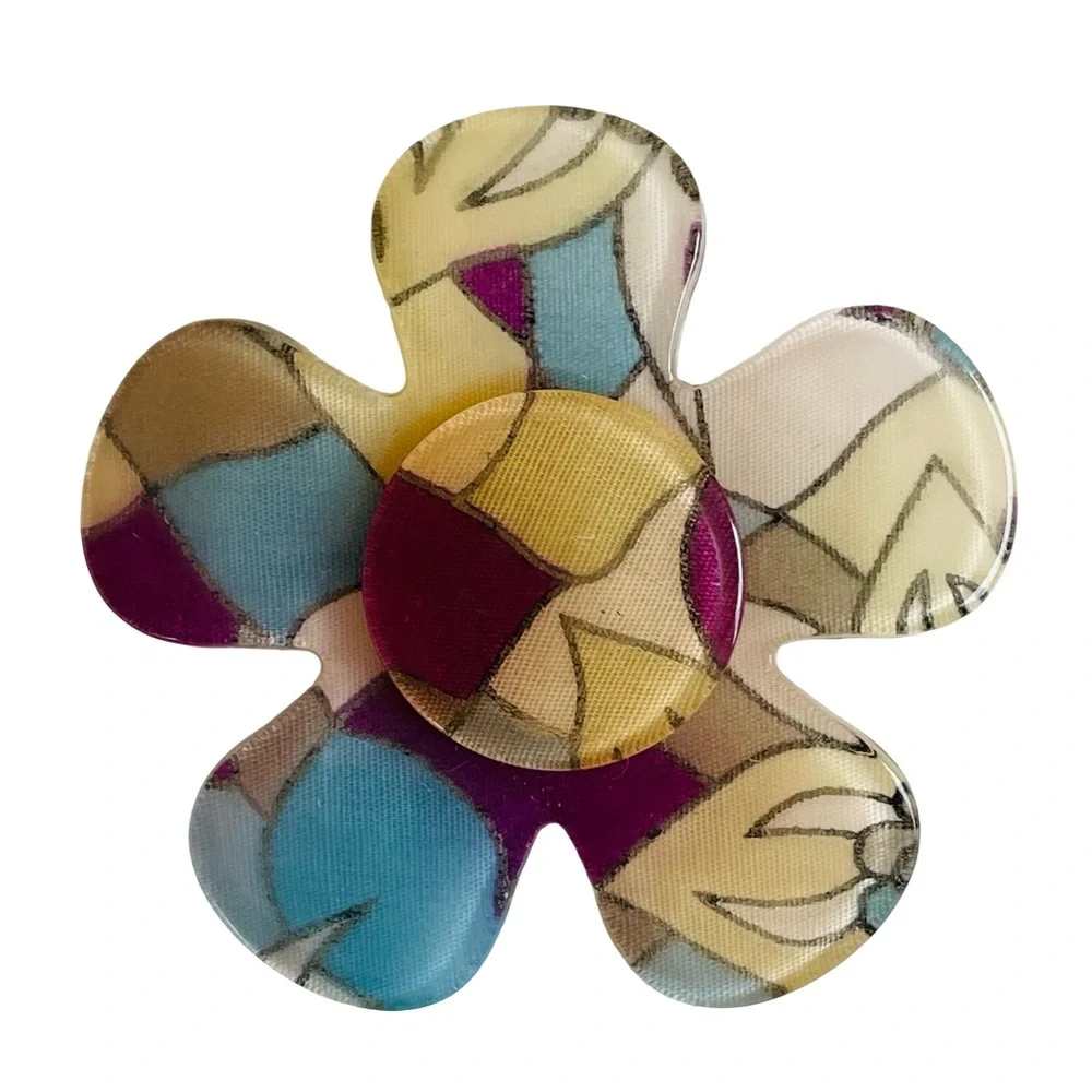 Vintage 60s Lucite Fabric Flower Brooch - Picture 2 of 3
